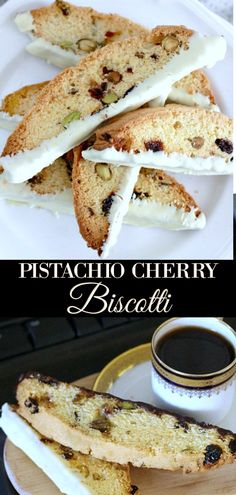 two pictures with different types of desserts on them and the words pistachio cherry biscotti