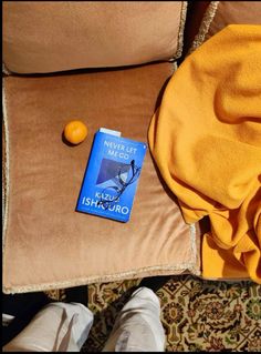 an orange sitting on top of a pillow next to a book