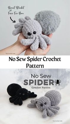 two crocheted stuffed animals in different colors and sizes, one is gray the other is black