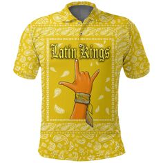 Latin Kings Gang Polo Shirt Fitted Yellow Polo Shirt For Summer, Casual Fitted Printed Sublimation Design, Fitted Polo Collar Shirt With Graphic Print, Fitted Polo Shirt With Graphic Print, Fitted Custom Print Shirt For Streetwear, Casual Collared Polo Shirt With Sublimation Print, Custom Print Fitted Shirt For Customization, Fitted Shirt With Custom Print For Streetwear, Fitted Printed Shirt For Streetwear