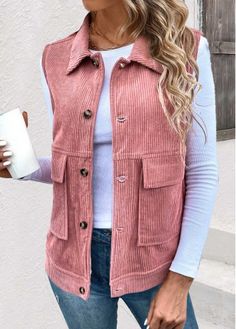 Color:Dusty Pink;Size:1X;Size:2X;Size:3X;Package Contents:1 X Waistcoat;Style:Casual; Corduroy Waistcoat, Pink Waistcoat, Autumnal Style, Waistcoat Style, Elegant Dresses Plus Size, Trendy Vest, Sleeveless Waistcoat, Women's Vests, Pink Corduroy