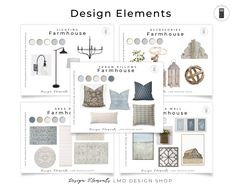 the interior design elements poster is shown in blue and white colors, including pillows, lamps,