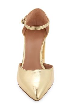 A pointy toe and wrapped block heel balance a poised pump secured with an adjustable strap at the ankle. 3" heel; 2 1/2" shaft (size 8.5) Adjustable ankle strap with buckle closure Leather upper and lining/rubber sole Imported Gold Court Shoes With Ankle Strap And 4-inch Heel, Party Heels With Gold-tone Hardware And Block Heel, Gold Sandals With 4-inch Heel And Closed Toe, Gold Heels With Ankle Strap And 4-inch Heel, Gold 4-inch Heel Closed Toe Heels, Gold Pumps, Women's Pumps, Block Heels, Ankle Strap