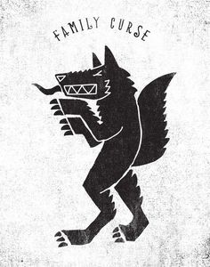 a black and white drawing of a wolf with the words family curse on it