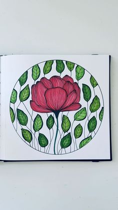 a drawing of a red flower with green leaves in the middle and on top of a white background