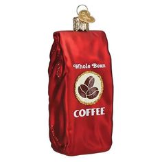 a coffee bag ornament is hanging on a white background with the words who's bean coffee