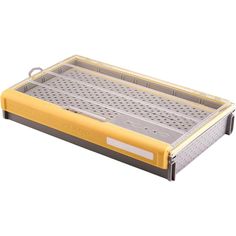 a yellow and gray tray with holes on the bottom is shown in front of a white background