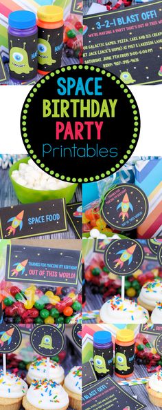 space birthday party printables and cupcakes