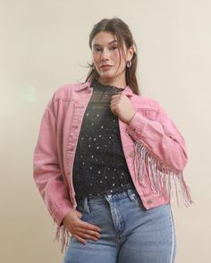 Rock the fringe trend with our Pink Western Sequin Embellished Fringe Jacket! This lightly washed pink denim style features a button-up design, eye-catching sequined fringe and a long sleeve fit that adds an instant touch of glam to your look. Keep it casual with a graphic tee and jeans, or add some sparkle with a glitter mesh top and flare pants for your next night out. Spring Cotton Denim Jacket With Fringe, Spring Denim Jacket With Fringe In Cotton, Trendy Fringed Cotton Denim Jacket, Trendy Cotton Denim Jacket With Fringe, Trendy Spring Fringe Outerwear, Trendy Fringe Denim Jacket For Spring, Trendy Fringed Denim Jacket For Spring, Trendy Fringe Outerwear For Spring, Spring Denim Jacket With Beaded Fringe And Long Sleeves