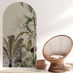 a chair and potted plant in front of a wall with an arch shaped mirror