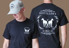 two men wearing t - shirts and hats with the words distiller's circle on them