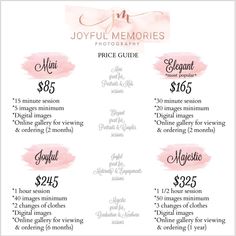 the joyful memories photography price guide is shown in pink watercolor on white paper