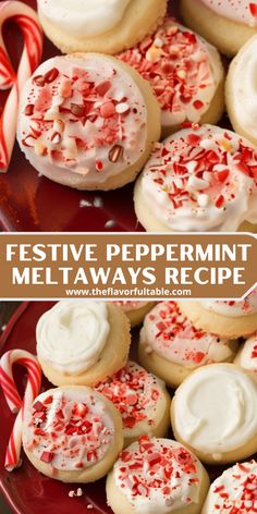 festive peppermint meltaways recipe on a red plate with candy canets