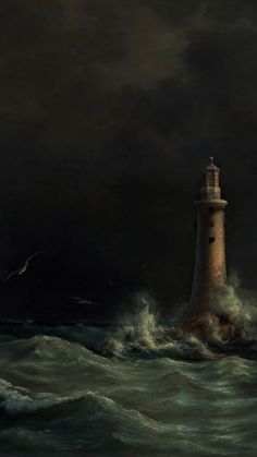 a painting of a lighthouse in the ocean