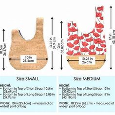 the measurements for a baby bib with red flowers on it is shown in two different sizes