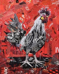 an abstract painting with roosters and other things on it's surface, including red background