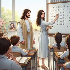 there is a woman teacher teaching to her students in the classroom with jesus on the chalkboard