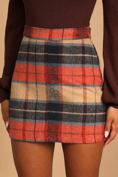 Lulus Exclusive! If you've got a penchant for prints, you'll love the Mad for Plaid Beige Plaid Mini Skirt! From a high banded waist, soft woven flannel fabric in rust orange, navy blue, and beige plaid descends into a mini, A-line silhouette. Exposed brass side zipper/clasp. Fit: This garment fits true to size. Length: Above mid-thigh. Size small measures 15" from waist to hem. Waist: Fitted - very fitted at natural waist. Hip: Fitted - consider sizing up for fuller hips. Fabric: Fabric has no Corduroy Outfits, Lulu Skirt, White Lace Skirt, Black Leather Mini Skirt, Belted Mini Skirt, Velvet Mini Skirt, Beige Plaid, Tie Skirt, Wrap Mini Skirt