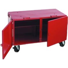 a red metal cabinet with two doors on wheels