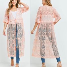 Peach Lace Cardigan Fabric Content: 65% Cotton 35% Polyester Size Scale: S/M - M/L Half Sleeve Open Front With Tie Waist Closure Midi Lace Kimono Cardigan. S/M Bust 22” Measured Laying Flat From Pit Hem To Pit Hem M/L Bust 23.5” Length Is About 53” S#Cb1 Pink V-neck Outerwear For Spring, Long Orange Outerwear For Spring, Long Orange Spring Outerwear, Orange Spring Outerwear For Layering, Spring Orange Outerwear For Layering, Fitted Cardigan For Brunch, Orange Open Front Cardigan For Spring, Pink Open Front Outerwear For Summer, Orange Outerwear For Spring Day Out