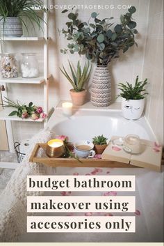 the bathroom is decorated with plants and candles