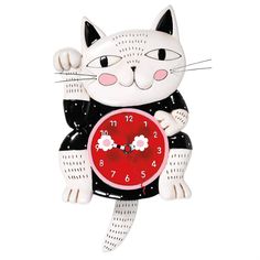 Who couldn't use a little luck in their lives? Lucky Cat Wall Clock with his silly grin will add charm to any room. Features a striking, bold red clock face, wire whiskers and swinging tail pendulum. Real Clock, Battery Operated 1-AAA Required Clock 7.87in H x 2.36in W x 10.24in L Designed in the USA by Michelle Allen Crafted in High Quality Stone Resin Tail is the pendulum Packaged in Kraft box Michelle Allen, Red Clock, Pendulum Wall Clock, Cat Clock, Desk Clocks, Tokyo Design, Rainbow Fish, Wall Desk, Wood Wick Candles