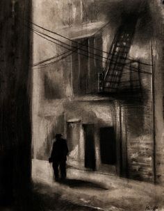 a black and white drawing of a man walking down the street in front of a fire escape