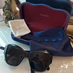 Gucci Sunglasses With Case / Silk Insert, And Cloth Designer Evening Sunglasses With Glass Lenses, Designer Glass Sunglasses For Evening, Designer Black Sunglasses With Glass Lenses, Elegant Sunglasses As Gift, Classic Sunglasses With Tinted Lenses As Gift, Chic Sunglasses With Tinted Lenses, Black Sunglasses With Tinted Lenses As Gift, Black Sunglasses With Tinted Lenses For Gift, Black Sunglasses With Tinted Lenses