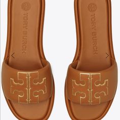 Double T Sport Slide Brown Double Strap Slides With Textured Footbed, Luxury Brown Slip-on Slides, Yellow Non-slip Round Toe Slides, Brown Beach Slides With Buckle Closure, Brown Slip-on Slides With Buckle Closure, Tory Burch Sandals, Tory Burch Shoes, Women's Shoes Sandals, Tory Burch