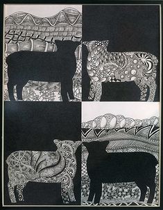 four black and white images of animals in different patterns