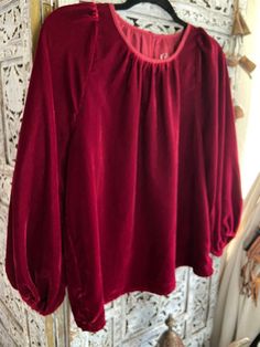 "Velvet shirt blouse tunic I have  two available colors: deep red  black **I have a few of each color. some have tags, some don't but all are new. New Size S Beautiful top & the material is so soft measure flat approx: 22\"chest  25\" Length poly velvet  made in india NO REFUNDS OR EXCHANGES please contact us if there are any concerns with your purchase..if for any reason a refund is agreed upon, return shipping cost is buyers responsibility..no exceptions." Red Long Sleeve Blouse With Blouson Sleeves, Red Blouse With Blouson Long Sleeves, Chic Long Sleeve Velvet Blouse, Red Lantern Sleeve Blouse For Fall, Party Tops With Gathered Long Sleeves, Elegant Long Sleeve Velvet Blouse, Chic Velvet Tops For Fall, Winter Velvet Long Sleeve Tops, Festive Long Sleeve Winter Blouse