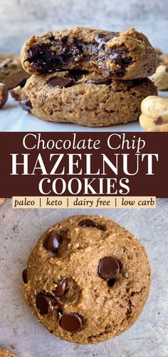 gluten free hazelnut cookies with chocolate chips on top and the bottom one is half eaten