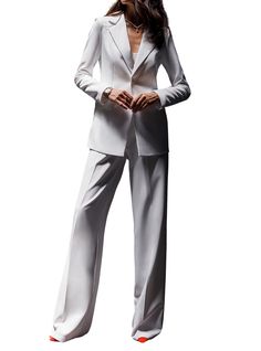 for TALL women inseam is 35.8 inches or 91 cm 2-piece Womens Blazer Trouser Suit for office, business meetings, formal events and special occasions. Also perfectly combines with sneakers so after a long and tiring business day you can change you heels to sneakers and still look chic. DETAILS -  wide leg pants -  high rise -  blazer is Buttoned and belted -  lined -  side pockets -  relaxed fit -  single breasted MATERIAL Premium quality suiting fabric, which consists of viscose mostly and a bit Elegant White Dress Pants For Formal Occasions, Tailored White Dress Pants For Formal Occasions, White Tailored Dress Pants For Formal Occasions, Elegant Trousers Pantsuit For Office Wear, Elegant Pantsuit With Trousers For Office Wear, Formal White Tailored Dress Pants, Professional Fitted Solid Color Pantsuit, Elegant Fitted White Dress Pants, Elegant Tailored Trousers Pantsuit