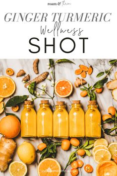 oranges, lemons and ginger juice in glass bottles with the words ginger turmric