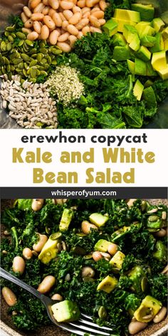 broccoli, kale and white bean salad in a bowl with text overlay