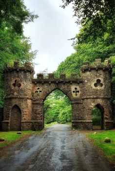 an old stone gate in the middle of a dirt road with trees around it and green grass on both sides