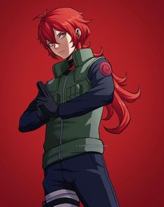 an anime character with long red hair and black gloves, standing in front of a red background