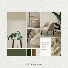 the interior design board is full of neutrals and green tones, including white walls