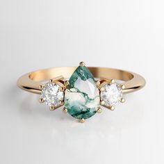 Pear Moss, Green Engagement Rings, Trillion Diamonds, Moss Agate Engagement Ring, White Sapphire Engagement Ring, Green Gemstone Ring, Gold Sapphire Ring, Agate Engagement Ring, Couple Wedding Rings