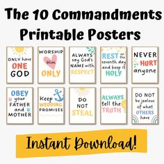 the ten commandments for printable posters are shown in different colors and font styles