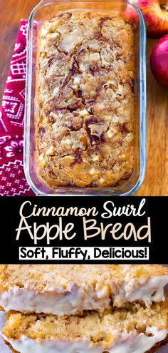 an apple bread with white frosting in a glass pan and on top of a wooden table