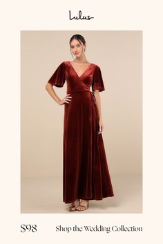 a woman in a long red dress with the words shop the wedding collection on it