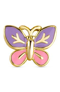 Pretty pink and purple butterflies plated in 18-karat gold add a touch of springtime charm to her ears. Adult supervision strongly recommended; jewelry presents choking hazard and should be removed when infant or small child is unattended 1/2" width; 1/4" drop Surgical steel post backs with friction-back clasps 18k-gold plate/enamel Imported Kids' Wear Item ships in a gift box Cute Pink Huggie Jewelry, Pink Nickel-free Huggie Jewelry, Adjustable Pink Huggie Jewelry, Pink Huggie Earrings For Gift, Pink Adjustable Huggie Jewelry, Playful Purple Hypoallergenic Jewelry, Playful Hypoallergenic Purple Jewelry, Adjustable Pink Butterfly Jewelry, Playful Gold Hypoallergenic Jewelry