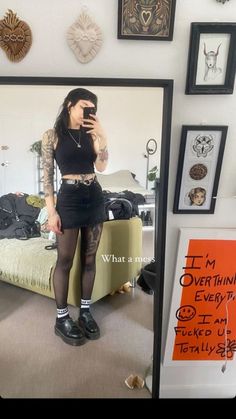 @fairyemil Baggy Jorts And Docs, Grunge Picnic Outfit, Goth Tank Top Outfit, Alternative Summer Aesthetic, Alternative Concert Outfit Fall, Knocked Loose Concert Outfit, Hardcore Concert Outfit, Tumblr Grunge Aesthetic Outfit, Soft Goth Outfits Fall