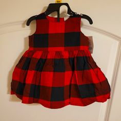 Brand New - With Tag Carter's Holiday Dress Red And Black Plaid/Check Design Sleeveless, With Buttons And Bow On Back 2pcs: Dress And Matching Diaper Cover 100% Cotton Dress. Polyester Lining And Nylon Tulle Underlayer (Giving Dress More Volume) Diaper Cover: 100% Cotton Poplin Casual Cotton Christmas Dress, Sleeveless Cotton Dress For Christmas, Black Sleeveless Holiday Dress, Holiday Cotton Dress For Dress-up, Red Sleeveless Dress For Winter, Cotton Holiday Dress For Fall, Cotton Holiday Dresses For Fall, Cotton Dress For Holiday Dress-up, Fall Holiday Cotton Dresses