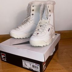 Fila Shearling Winter Boots. Brand New Never Worn. White Fur Inside White Low-top Winter Boots, Shoes Fila, Fila Shoes, White Fur, Boot Brands, Winter Rain, Winter Boots, Rain Boots, Color White