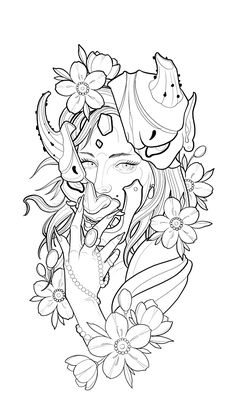 a drawing of a woman with flowers in her hair and an elephant on her head