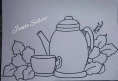 a drawing of a teapot and cup on a white paper with the words tamer sketch