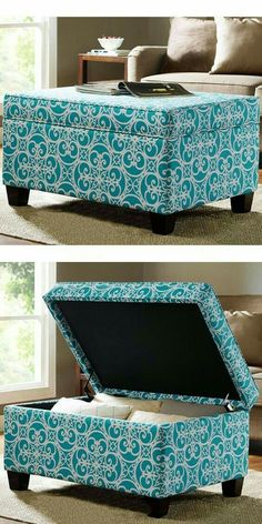 two pictures of an ottoman that has been turned into a coffee table with the lid open