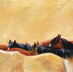 a painting of horses standing in a field with yellow sky behind them and one horse looking at the camera